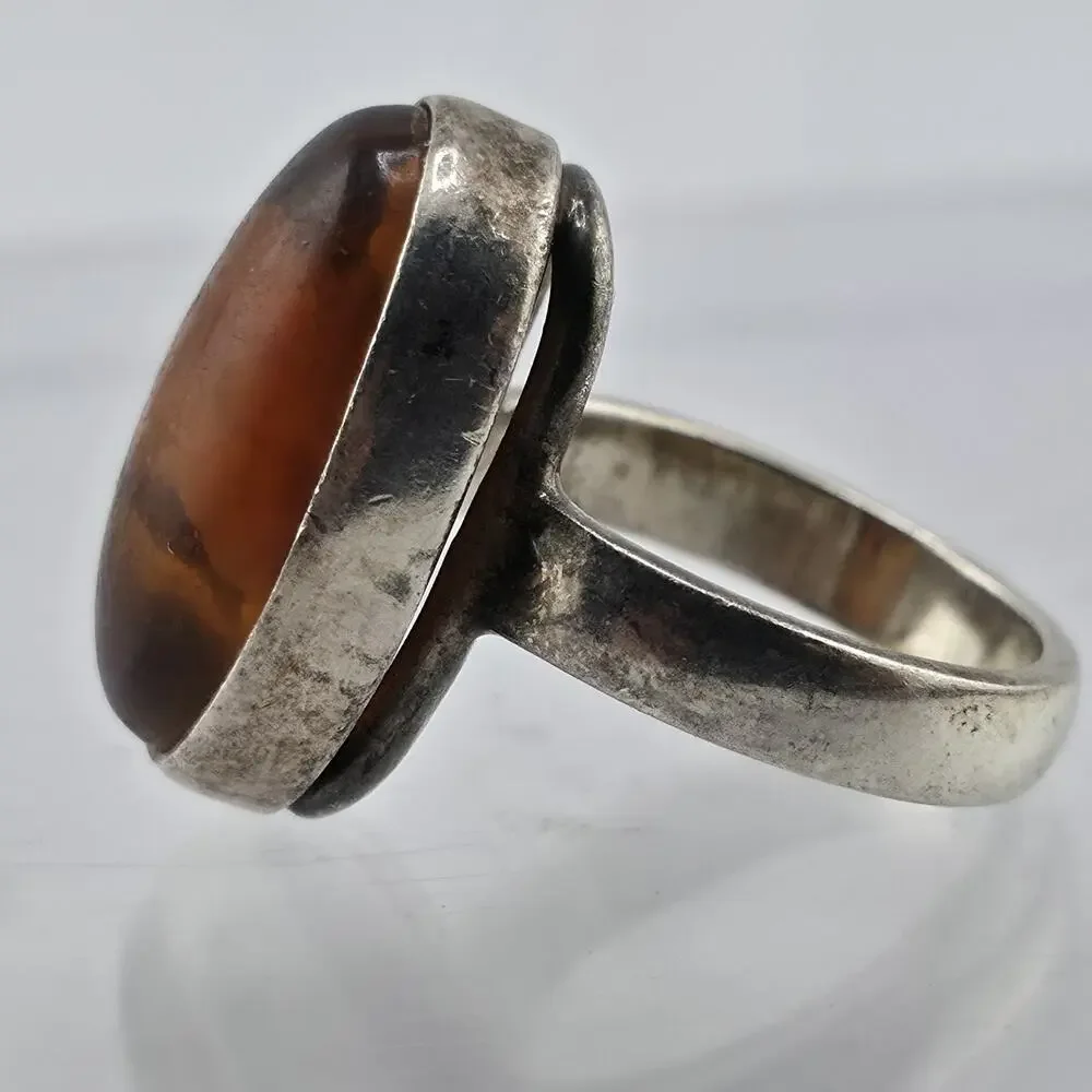 Polish Baltic Amber Reverse Carved Sterling Silver Ring 925 Size 8 Vintage